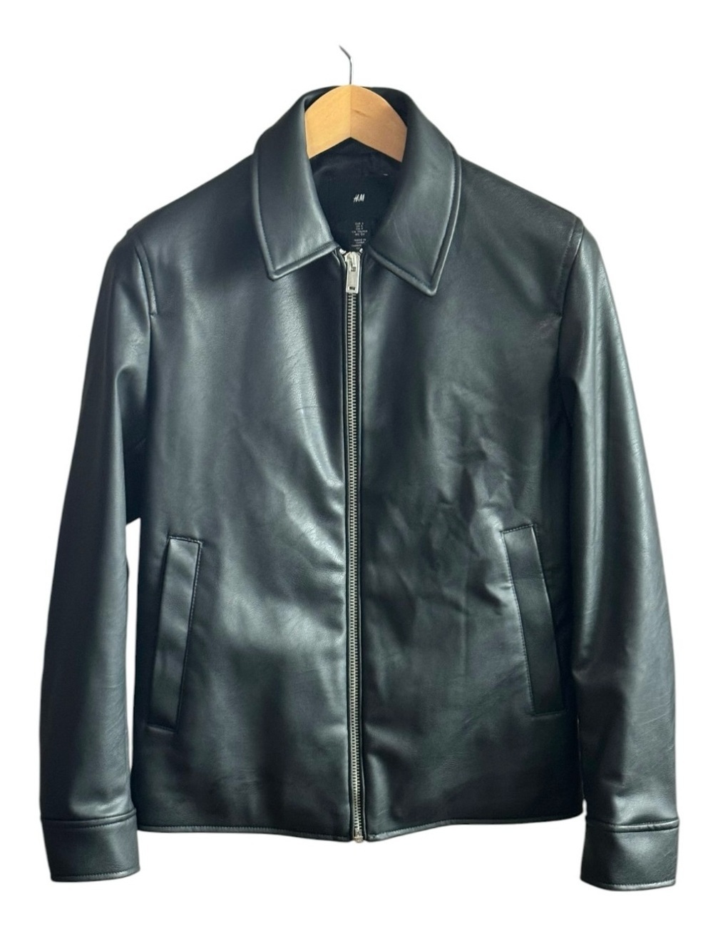H&M Black Faux Leather Minimalist Bomber Jacket Moto Coat Men's S